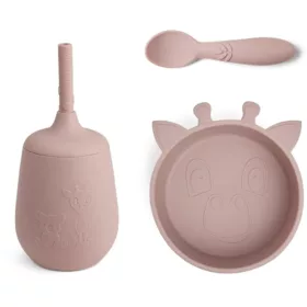   NUUROO Szilikon zsiráfos étkészlet 3 részes- Rózsaszín baba tányér kiegészítőkkel csúszásmentes