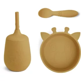   NUUROO Szilikon zsiráfos étkészlet 3 részes- Sárga baba tányér kiegészítőkkel csúszásmentes