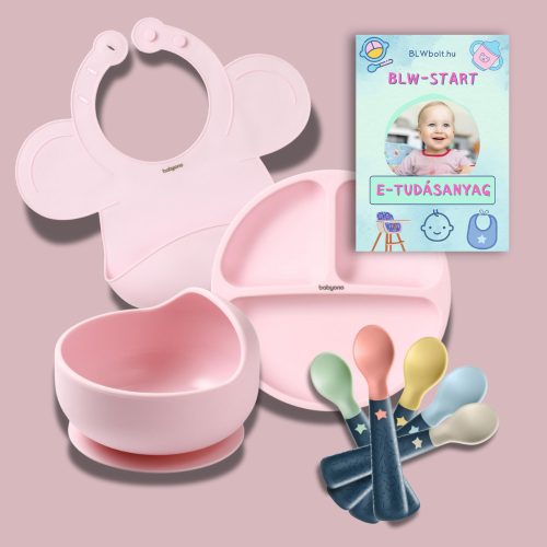 Kezdő csomag  PINK (hozzátápláláshoz) Előke, tányér, tál, kanál szett