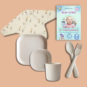   Haladó csomag  Krémfehér Uniszex (hozzátápláláshoz) Előke, tányér, tál, kanál-villa szett, pohár
