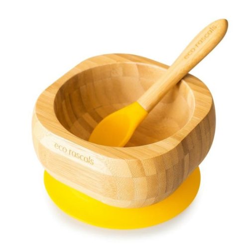 Bambusz mélytányér kanállal - Sárga Eco Rascals baba tál