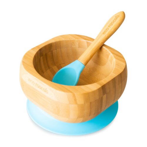 Bambusz mélytányér kanállal - Kék Eco Rascals baba tál