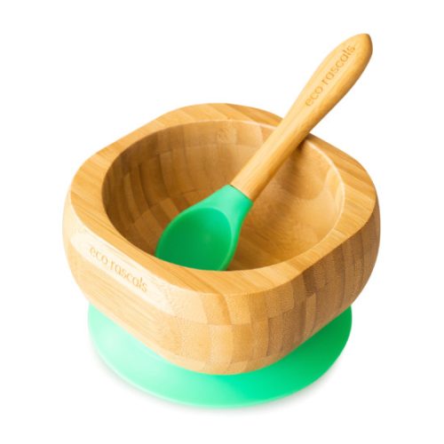 Bambusz mélytányér kanállal - Zöld Eco Rascals baba tál