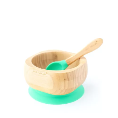 Bambusz mélytányér kanállal - Zöld Eco Rascals baba tál
