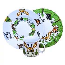   ZEBRA kerámia gyerek étkészlet 3 részes lapos tányér, mélytányér, pohár, gyermek tányérkészlet állatos,