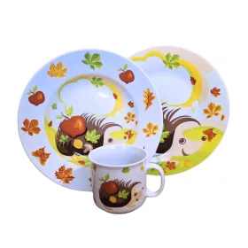   SÜNI kerámia gyerek étkészlet, gyermek tányérkészlet, lapos tányér, mély tányér, bögre, állatos, sünis