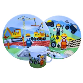   Gyermek étkészlet 3 részes Építők kerámia, lapos tányér, mély tányér, bögre