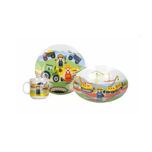 Gyermek étkészlet 3 részes Építők kerámia, lapos tányér, mély tányér, bögre