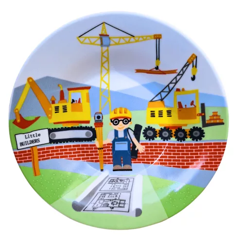 Gyermek étkészlet 3 részes Építők kerámia, lapos tányér, mély tányér, bögre