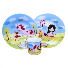   3 részes gyermek kerámia étkészlet (királylányos) lapos tányér, mély tányér, bögre