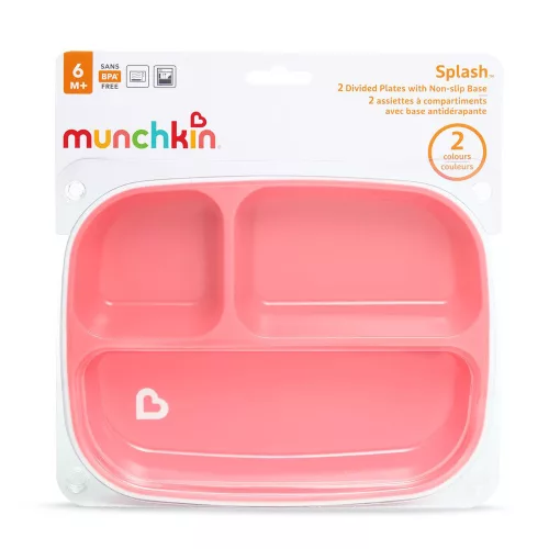Munchkin tányér szett háromrekeszes csúszásmentes aljú Splash 2db 6hó baba tányér Lila-Rózsaszín osztott