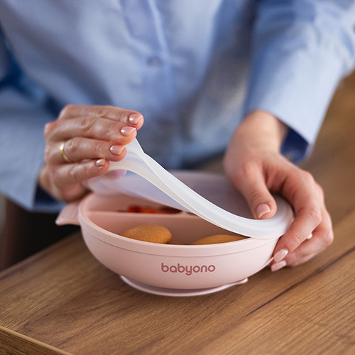 BabyOno babatányér - tapadó aljú, fedeles, 3 rekeszes rózsaszín 1661/02