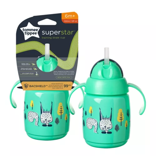 Tommee Tippee itatópohár - Superstar Training Straw Cup szívószálas 300ml 6hó zöld baba kulacs