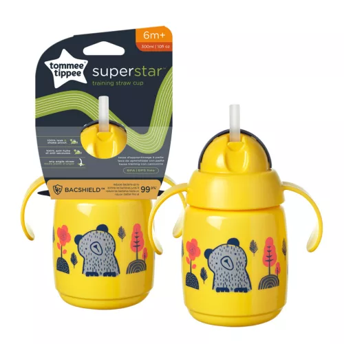 Tommee Tippee itatópohár - Superstar Training Straw Cup szívószálas 300ml 6hó sárga baba kulacs