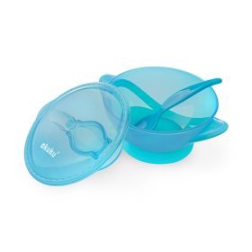   Akuku etetőtál tetővel és kanállal 300 ml kék (baba tányér-mély tányér) műanyag