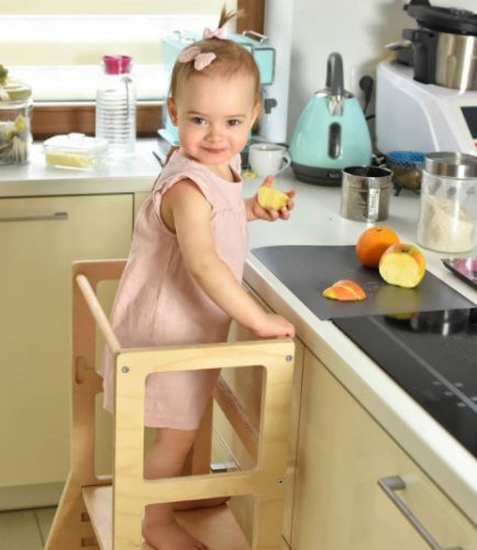 MecanWood konyhai fellépő, tanulótorony állítható magasságú PRÉMIUM – Natúr fa extra védőréteggel - kiesésgátlóval -montessori torony, mini fellépő nélkül