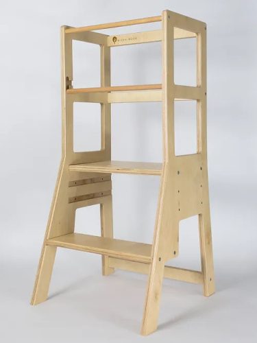 MecanWood konyhai fellépő, tanulótorony állítható magasságú PRÉMIUM – Natúr fa extra védőréteggel - kiesésgátlóval -montessori torony, mini fellépő nélkül