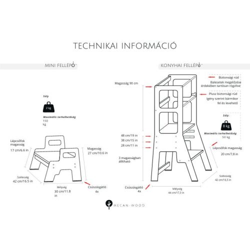 MecanWood konyhai fellépő, tanulótorony állítható magasságú PRÉMIUM – Natúr fa extra védőréteggel - kiesésgátlóval -montessori torony, mini fellépő nélkül
