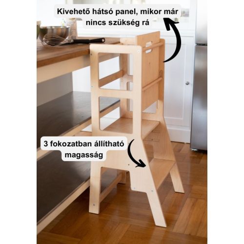 MecanWood konyhai fellépő, tanulótorony állítható magasságú PRÉMIUM – Natúr fa extra védőréteggel - kiesésgátlóval -montessori torony, mini fellépő nélkül