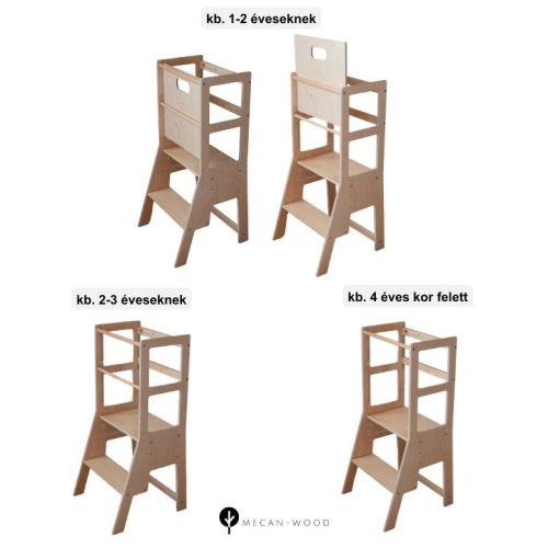 MecanWood Világos szürke konyhai gyerek fellépő, tanulótorony Mini fellépővel állítható magasságú PRÉMIUM-montessori torony