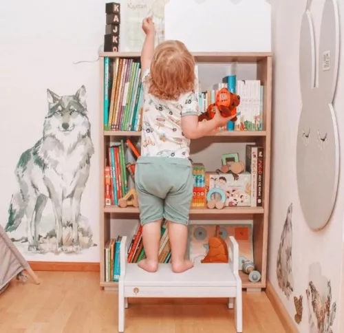 MecanWood fehér konyhai gyerek fellépő, tanulótorony Mini fellépővel állítható magasságú PRÉMIUM-montessori torony