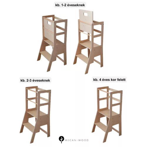 MecanWood fehér konyhai gyerek fellépő, tanulótorony Mini fellépővel állítható magasságú PRÉMIUM-montessori torony