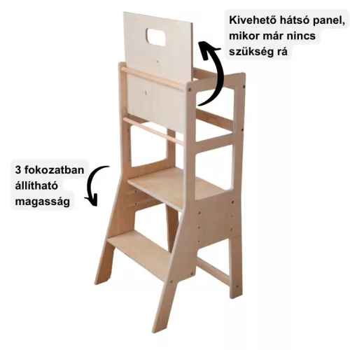 MecanWood konyhai fellépő, tanulótorony, állítható magasságú PRÉMIUM – Fehér-montessori torony, mini fellépő nélkül