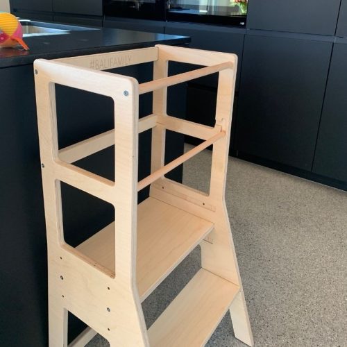 MecanWood Natúr fa gyerekbarát védőréteggel konyhai gyerek fellépő, tanulótorony Mini fellépővel állítható magasságú PRÉMIUM -montessori torony