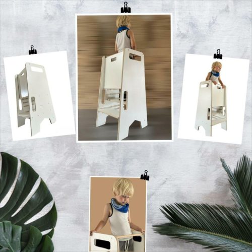 MecanWood Fehér Extra biztonságos konyhai gyerek fellépő, tanulótorony-montessori torony